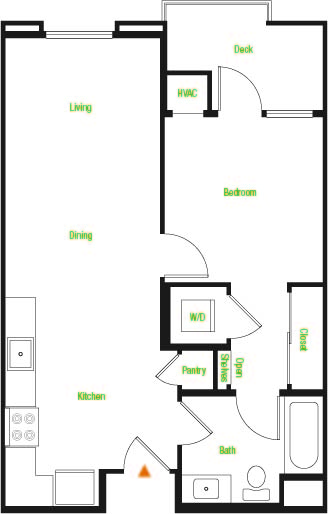 Floor plan for 1 bed, 1 bath, 614 sqft